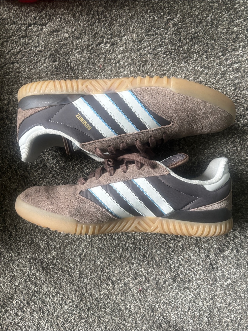 adidas Brown Suede Sneakers with White and Light Blue Stripes